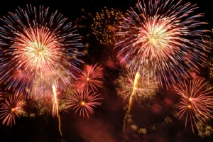 A vibrant fireworks display against the night sky.