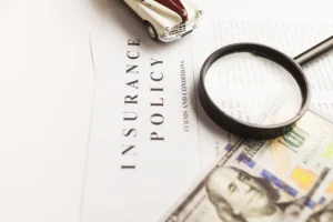 Insurance Documents C_Vlad Deep - Insider Accident Lawyers - Insider Accident Lawyers Close-up of a small toy car placed on a newspaper beside a magnifying glass and scattered dollar bills, implying financial or insurance adjuster trick scrutiny of cars or markets.