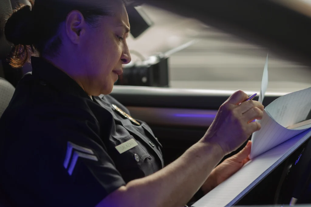 Police Filling Out Police Report - Insider Accident Lawyers Police officer in uniform, seated in a car, reviewing a wrong police report.
